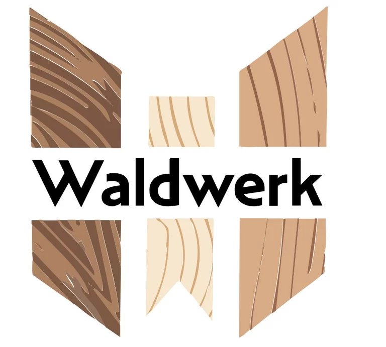 Logo 'waldwerK': Stilisierter Baum mit verzweigten Wurzeln in Grün- und Brauntönen, handgeschriebener Schriftzug – Corporate Design der Mediengestalterin A. Busczynsky.