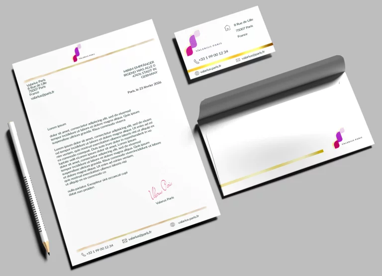 Mock-up der Markenidentität 'Valerius Paris': Geschäftsbrief (französische Norm ), Visitenkarte und Briefumschlag mit Logo und Corporate Design – Konzept der Mediengestalterin A. Busczynsky