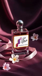 Mock-up einer zartrosa Parfümflasche mit goldenem Deckel und 'Valerius Paris'-Branding – Produktvisualisierung der Mediengestalterin A. Busczynsky.