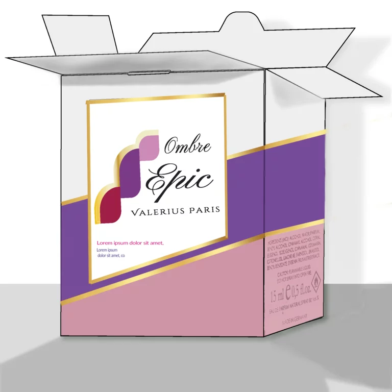 Mock-up einer Parfüm-Verpackung für 'Valerius Paris – Ombre Epic': Offene weiße Schachtel mit lila-pinkem Etikett, Markenlogo, Produktname in kursiver Schrift und Pflichtangaben – Verpackungsdesign der Mediengestalterin A. Busczynsky