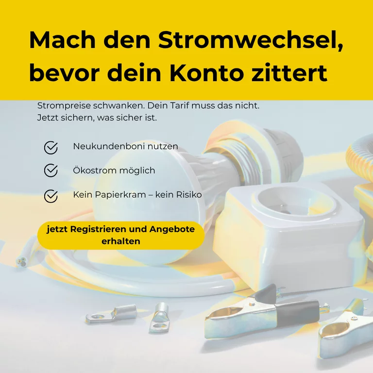 Social-Media-Post zum Stromwechsel: Gelbe Überschrift 'Mach den Stromwechsel, bevor dein Konto zittert', darunter Vorteile wie Neukundenboni und Ökostrom, im Hintergrund Steckdosen, Kabel und Glühbirne, mit gelbem Registrieren-Button.